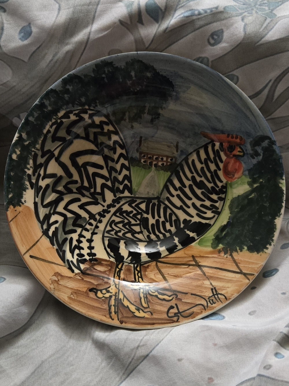Hand-Painted Ceramic Art Salad Plate With Rooster Art Signed By Steve Duffy